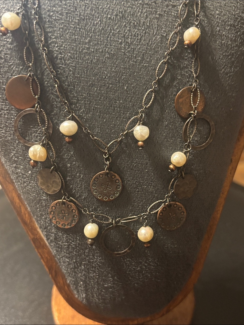 Silpada Beaded Brass, Sterling, Freshwater Pearls Coin Necklace Cha Cha Hammered